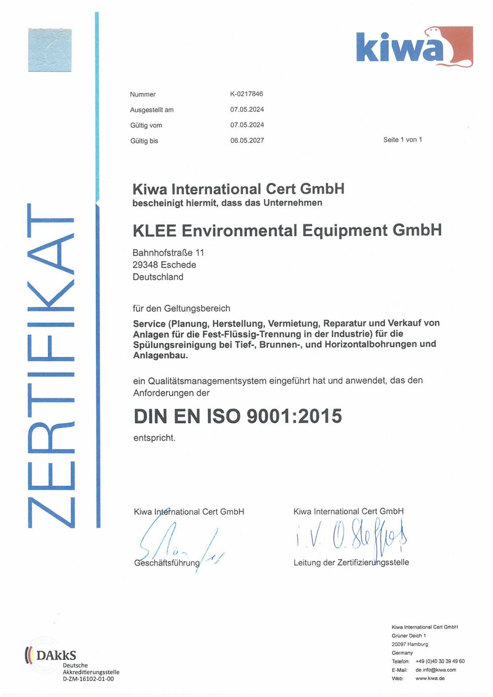 Zertifikat: Qualitätsmanagementsystem nach DIN EN ISO 9001:2015